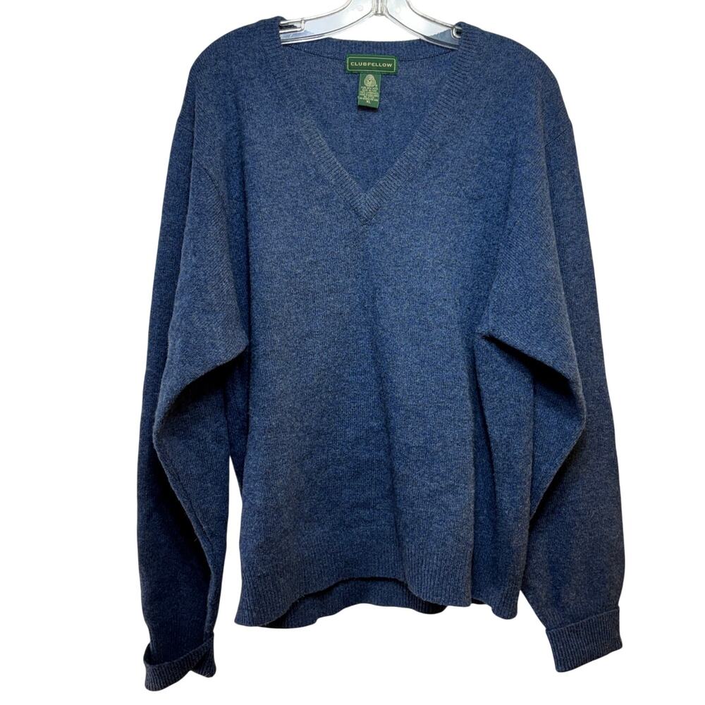 Clubfellow Mens XL Large 100% Lambswool Pullover Sweater V-Neck Long Sleeve Blue